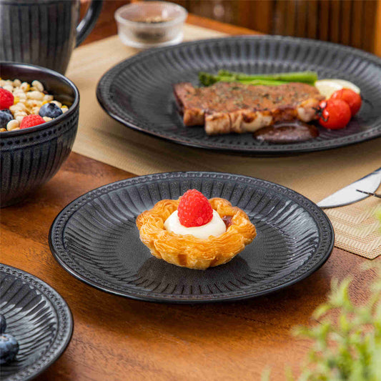 vancasso Eliga 16-Piece Dinnerware Set in Grey, Featuring Rustic Farmhouse Charm with Embossed Dots and Stripes in Durable Stoneware. Showcasing a Cozy Countryside Aesthetic.