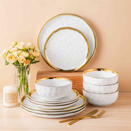 Gold Trim 12-Piece Porcelain Dinnerware Set in white, featuring a sleek and modern design with durable porcelain, ideal for both casual meals and special occasions.