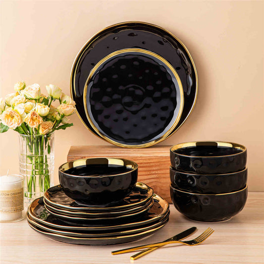 vancasso LOVECASA Gold Trim 12-Piece Porcelain Dinnerware Set In Black, Featuring Elegant Gold Accents For A Luxurious Dining Experience. Perfect For Adding A Touch Of Vintage Glamour To Any Table Setting.