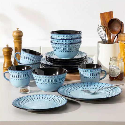 16 Piece Dinnerware Set—Cereal Bowls With Embossed Geometric Patterns, Perfect For Breakfast, Pasta, And Grain Dishes.