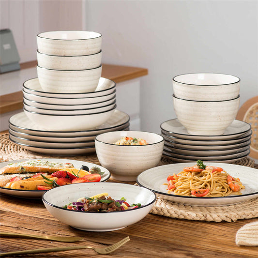 24 Piece Stoneware Dinnerware Set—Beige With Dual Spiral And Speckled Designs, Ideal For Capturing Stunning Food Photography With Depth And Texture.