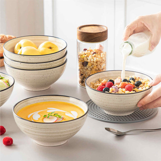 vancasso Bonbon Beige Large Cereal Bowls Set of 6, Vintage Handmade Spiral Design