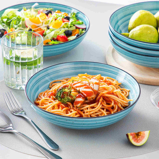 Double-Sided Pasta Bowls Set Of 6 In Blue Stoneware, Designed For Stylish And Mindful Dining, Perfect For Portion Control And Elevating Everyday Meals.