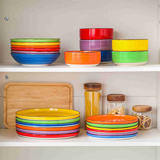 Vancasso Bonita 24-Piece Stoneware Set in Multicolor with Curved Edges and Spiral Design Adds Vibrant Charm to Your Dining Table.