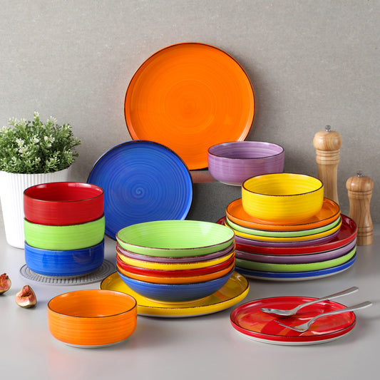 vancasso Bonita 24-Piece Lipped-Edge Stoneware Dinnerware Set in Multicolor, Featuring a Vintage Spiral Pattern in Vibrant Hues.