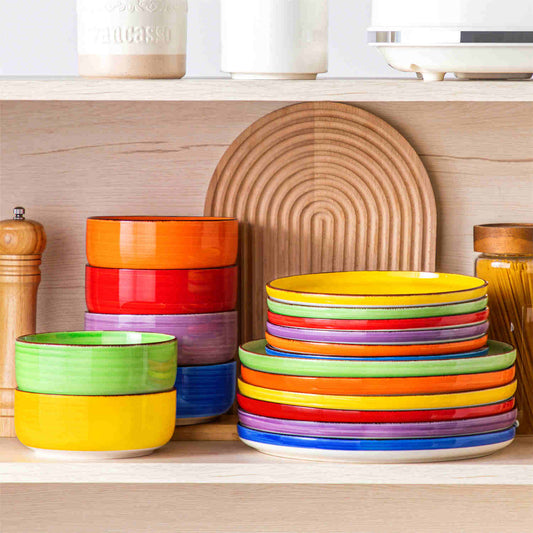 18-Piece Stoneware Set In Multicolor With Lipped-Edge And Spiral Design, Blending Sustainability, Functionality, And Artistic Appeal For Future Dining Trends.