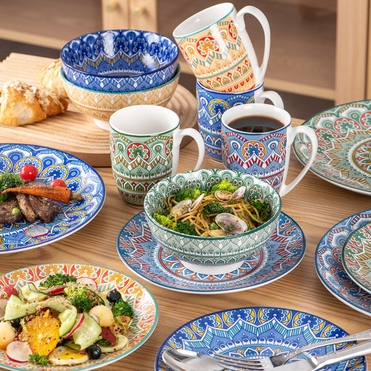 vancasso Mandala 16 Piece Porcelain Dinnerware Set in Multicolor,  Creating an Enticing Backdrop with Their Bold Hues and Intricate Patterns, Create a Visually Stunning Feast.