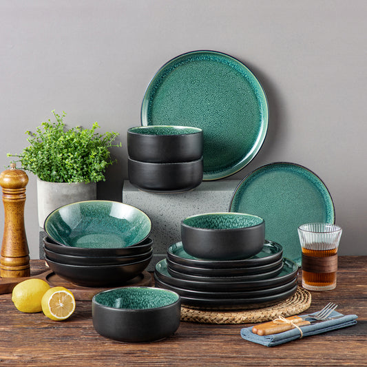 vancasso Playa 16-Piece Glossy Green Stoneware Dinnerware Set, Blending Mediterranean Charm With Modern Ibiza Elegance.