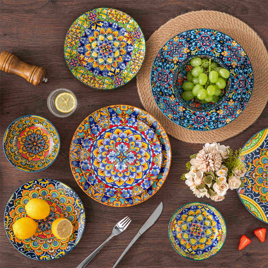 Boho Chic 12 Piece Dinnerware Set In Porcelain, With Sharp Patterns, Smooth Edges, And A Glossy Finish For A High-Quality, Artistic Look.