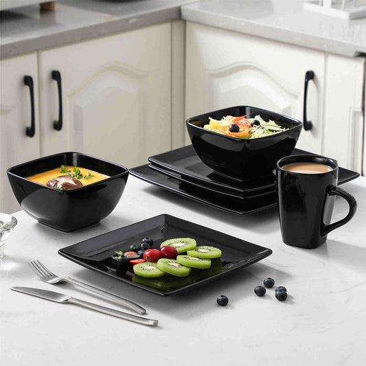vancasso Modern Black Square Soho 16-Piece Stoneware Dinnerware Set Including Mugs