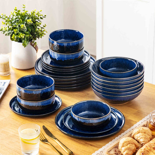 Lipped-Edge 24 Piece Blue Stoneware Dinnerware Set With Reactive Glaze, Perfect For A Cozy And Festive Winter Table.