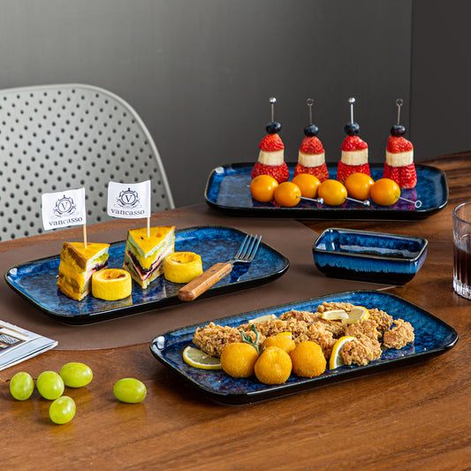 vancasso Stern Stoneware Serving Platters Set Of 4 In Blue, Perfect For Creating Themed Food Presentations, Such As A Zen Garden With Sushi Or A Rustic Cheese And Charcuterie Display.