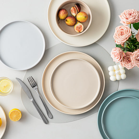 vancasso Venus 12-Piece Semi-Matte Stoneware Dinnerware Set in Assorted Colors with a matte finish and vertical edge design, combining durability with modern elegance for a stylish and practical dining experience.