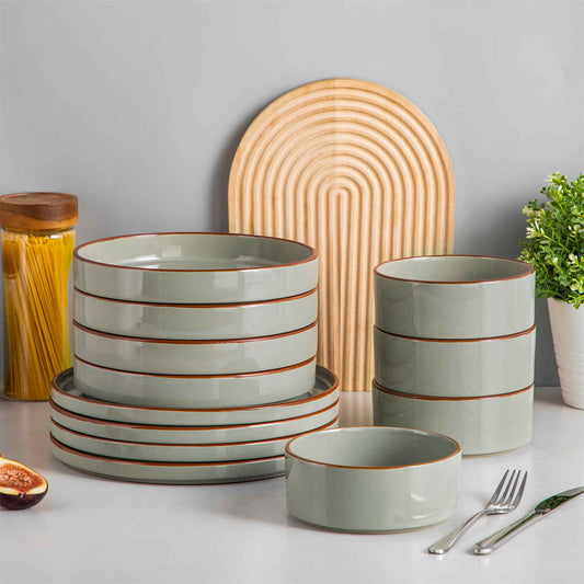 vanacasso Modern Venus Glossy Green 12 Piece Stoneware Dinnerware Set with Brown Trims