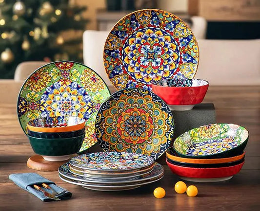 24-Piece Porcelain Dinnerware Set With Vibrant Bohemian Patterns, Perfect For Versatile And Stylish Use At Bbqs, Brunches, Holiday Gatherings, And Casual Dinners.