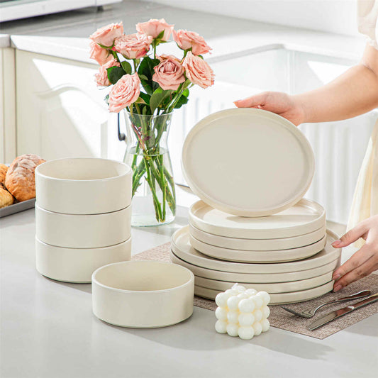 vancasso Venus 12-Piece Semi-Matte Dinnerware Set, Featuring a Matte Finish and Straight Edge Design in a Round Shape