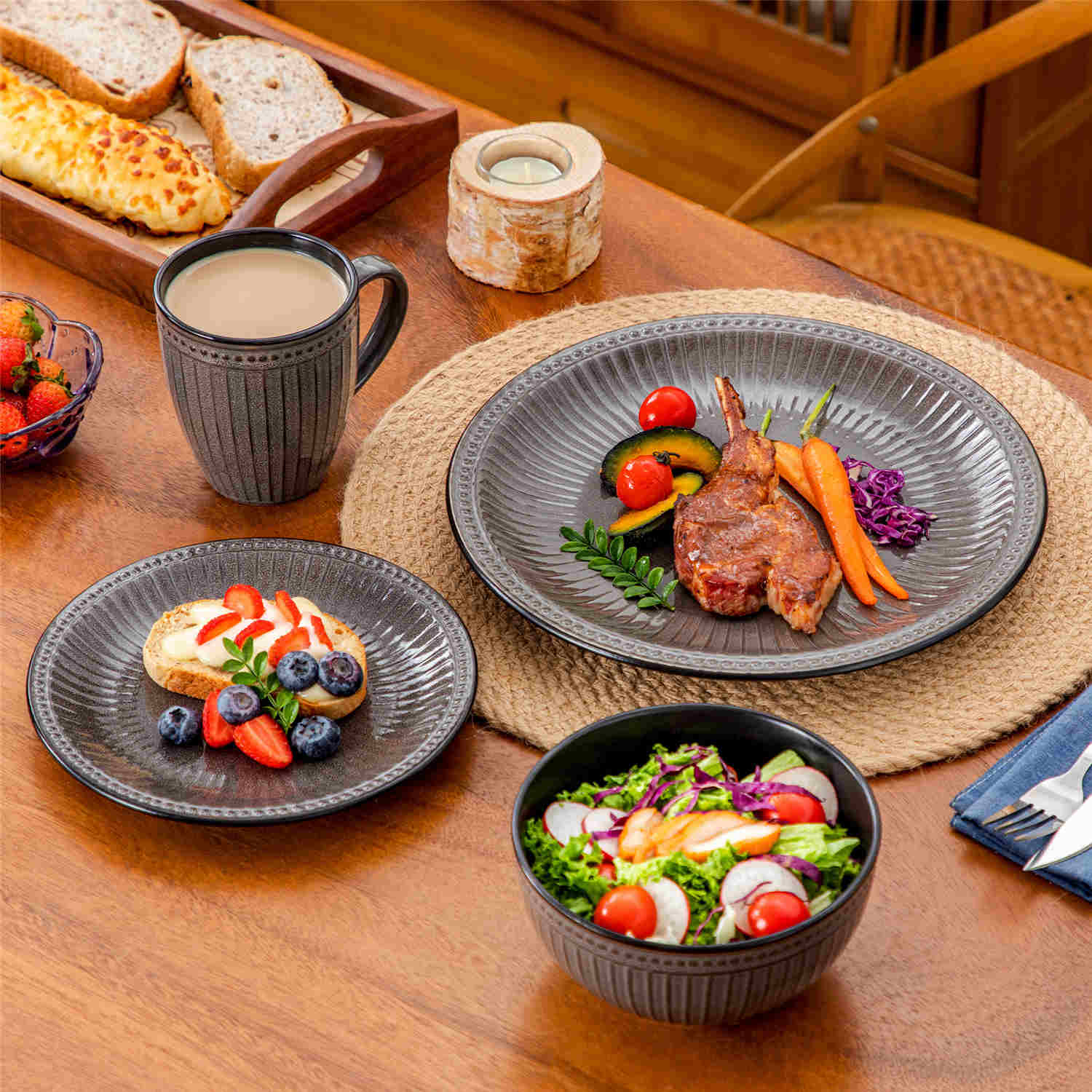 Eliga 16-Piece Stoneware Dinnerware Set showcasing rustic farmhouse charm with embossed dots and stripes in durable stoneware - designed for strength and style - Brown - vancassso