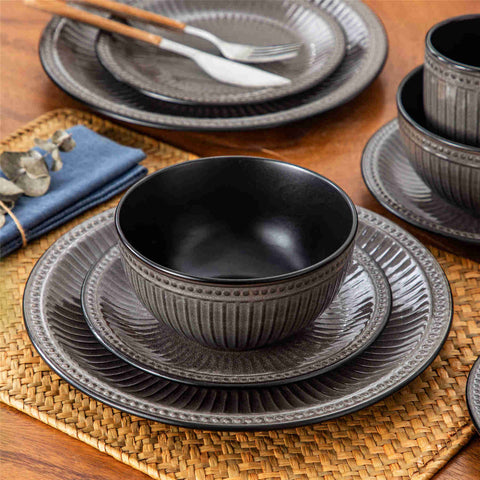 Eliga 16-Piece Stoneware Dinnerware Set showcasing rustic farmhouse charm with embossed dots and stripes in durable stoneware - designed for strength and style - Brown - vancassso