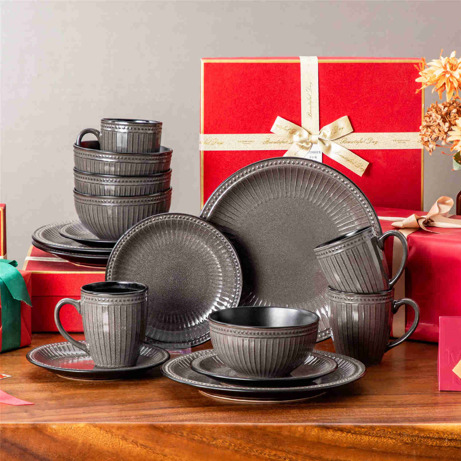 Eliga 16-Piece Stoneware Dinnerware Set showcasing rustic farmhouse charm with embossed dots and stripes in durable stoneware - designed for strength and style - Brown - vancassso