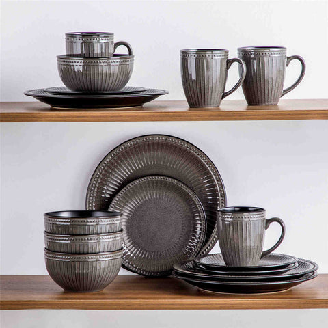 Eliga 16-Piece Stoneware Dinnerware Set showcasing rustic farmhouse charm with embossed dots and stripes in durable stoneware - designed for strength and style - Brown - vancassso