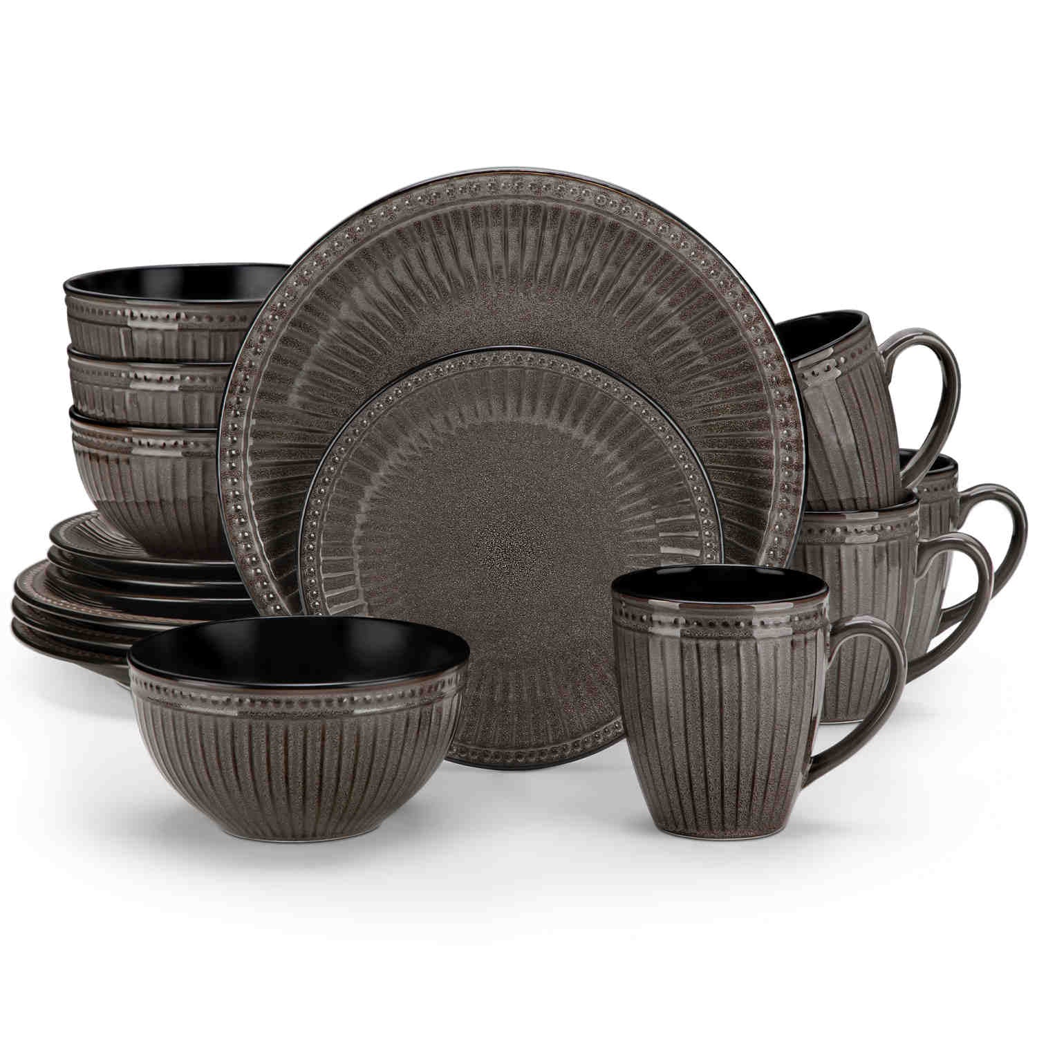 Eliga 16-Piece Stoneware Dinnerware Set showcasing rustic farmhouse charm with embossed dots and stripes in durable stoneware - designed for strength and style - Brown - vancassso