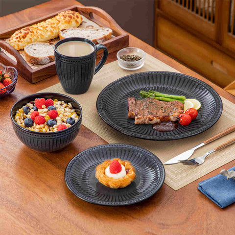 Eliga 16-Piece Stoneware Dinnerware Set showcasing rustic farmhouse charm with embossed dots and stripes in durable stoneware - designed for strength and style - Grey - vancassso