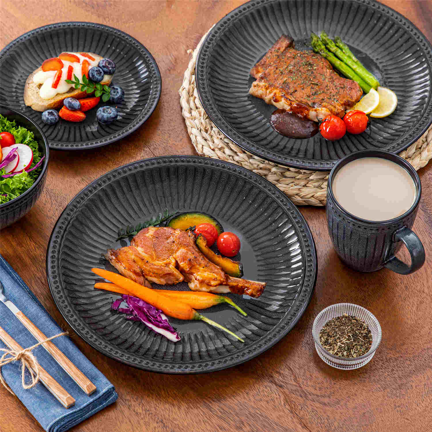 Eliga 16-Piece Stoneware Dinnerware Set showcasing rustic farmhouse charm with embossed dots and stripes in durable stoneware - designed for strength and style - Grey - vancassso