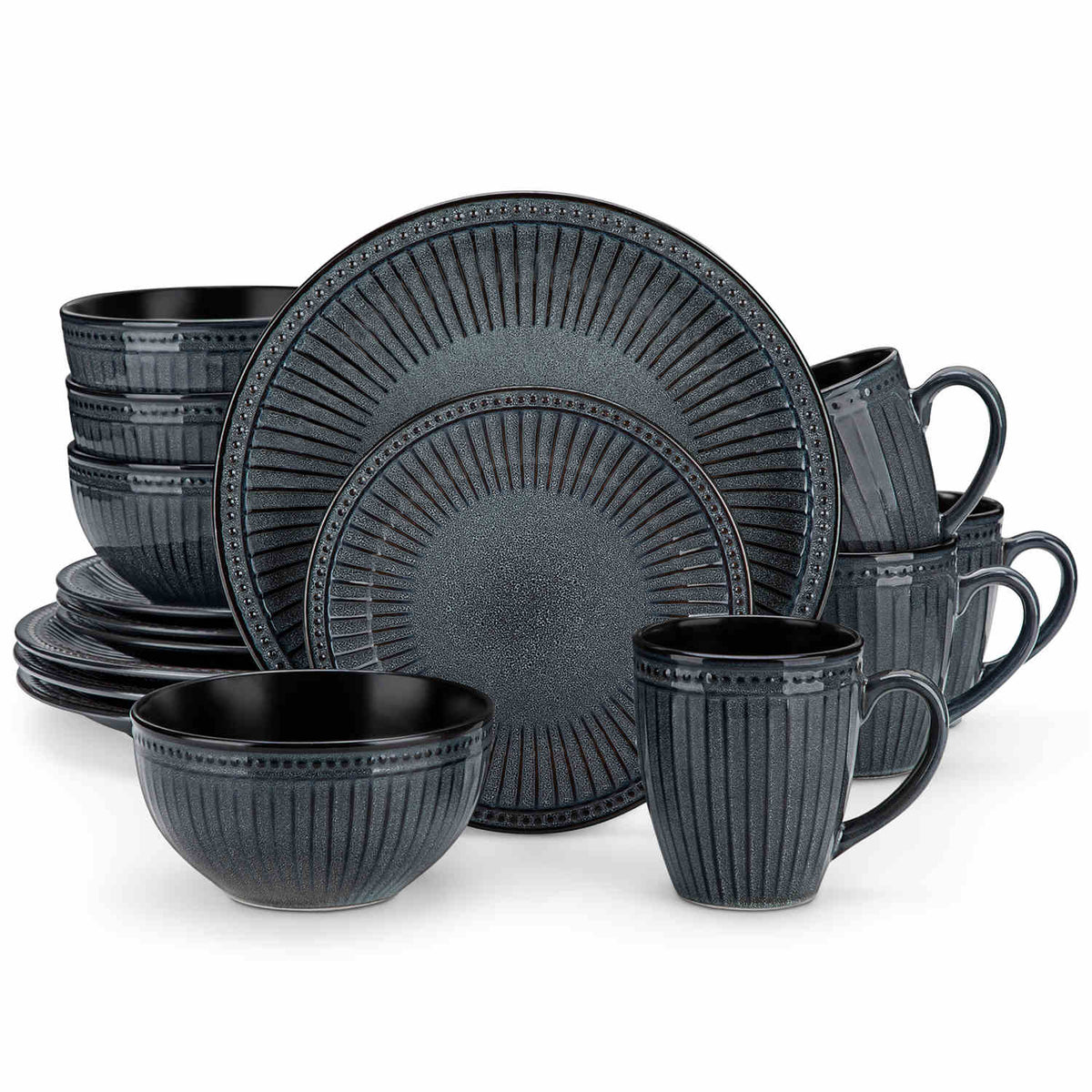 Eliga 16-Piece Stoneware Dinnerware Set showcasing rustic farmhouse charm with embossed dots and stripes in durable stoneware - designed for strength and style - Grey - vancassso