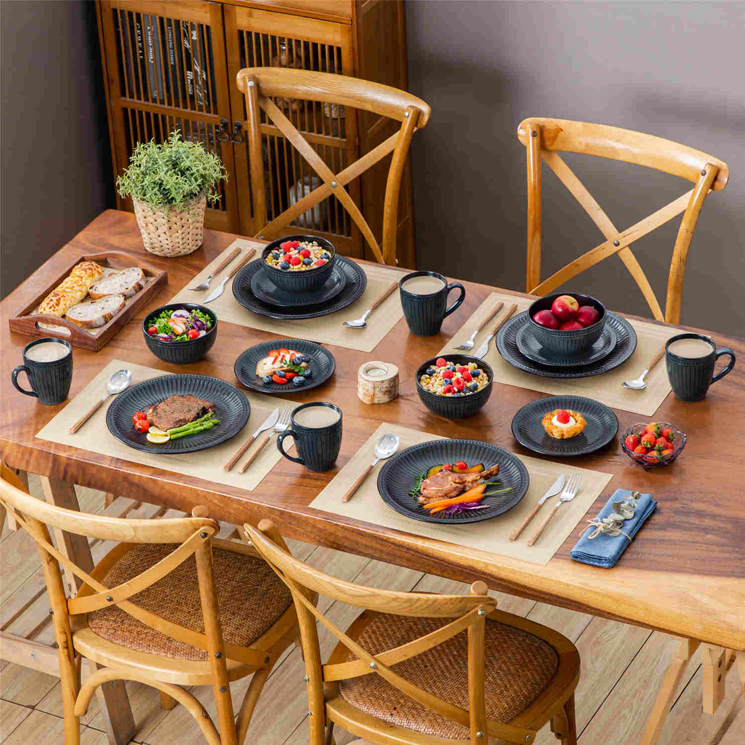 Eliga 16-Piece Stoneware Dinnerware Set showcasing rustic farmhouse charm with embossed dots and stripes in durable stoneware - designed for strength and style - Grey - vancassso