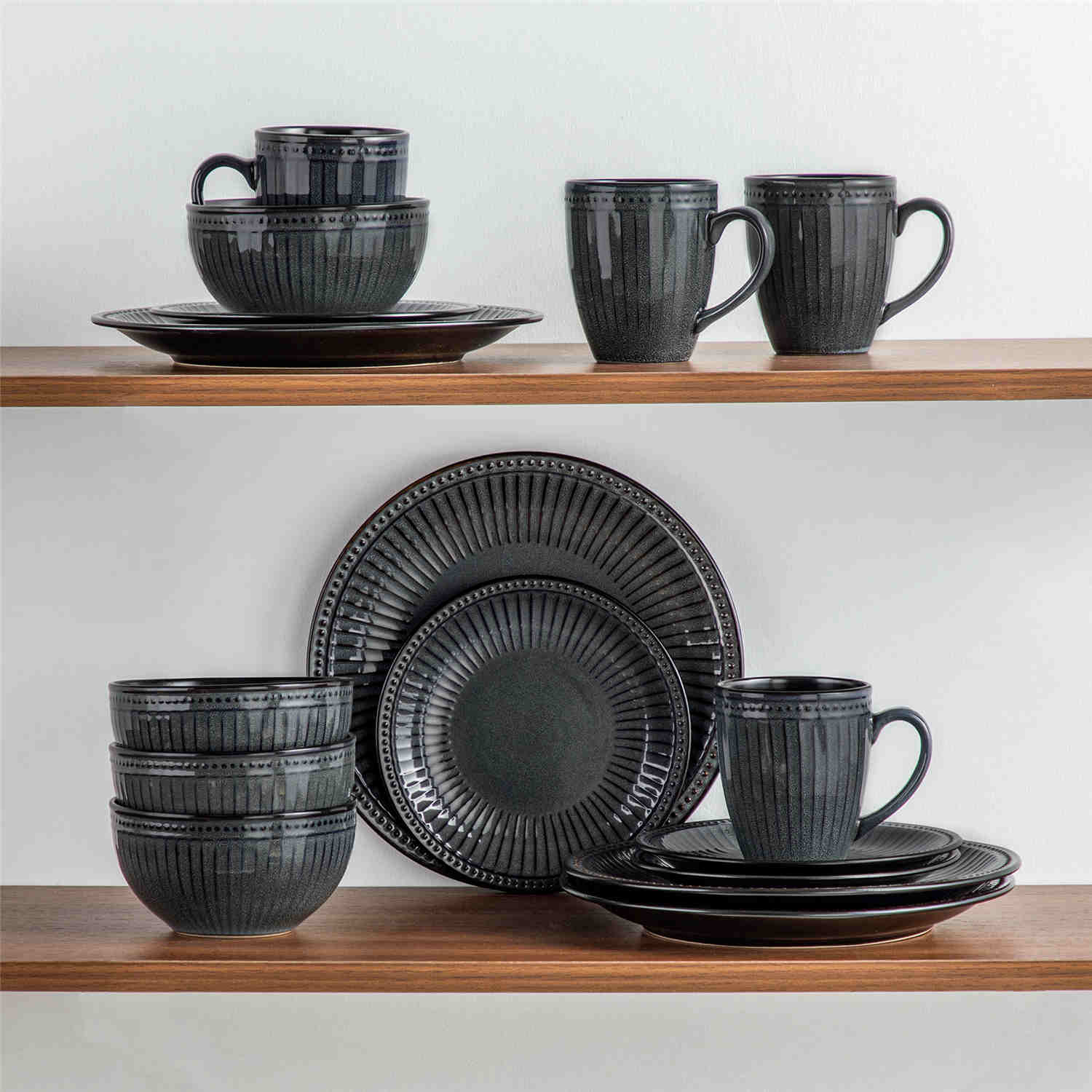 Eliga 16-Piece Stoneware Dinnerware Set showcasing rustic farmhouse charm with embossed dots and stripes in durable stoneware - designed for strength and style - Grey - vancassso