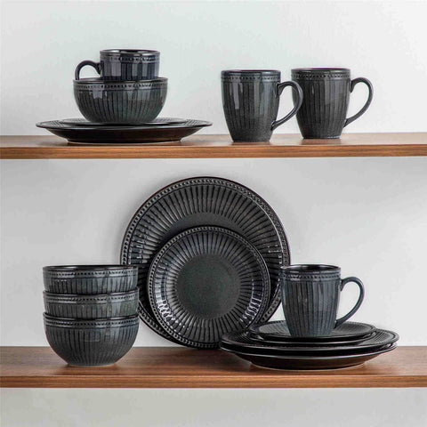 Eliga 16-Piece Stoneware Dinnerware Set showcasing rustic farmhouse charm with embossed dots and stripes in durable stoneware - designed for strength and style - Grey - vancassso