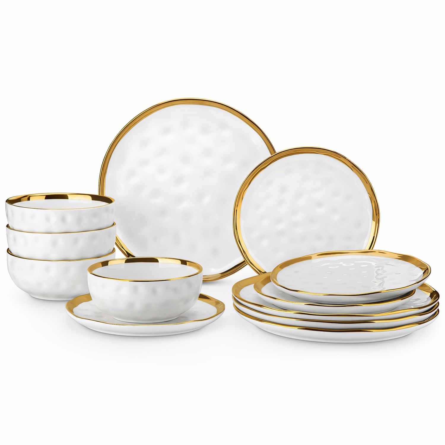 LOVECASA Gold Trim 12 Piece Dinnerware Set in White - Includes Plates And Bowls - Stackable And Dishwasher Safe