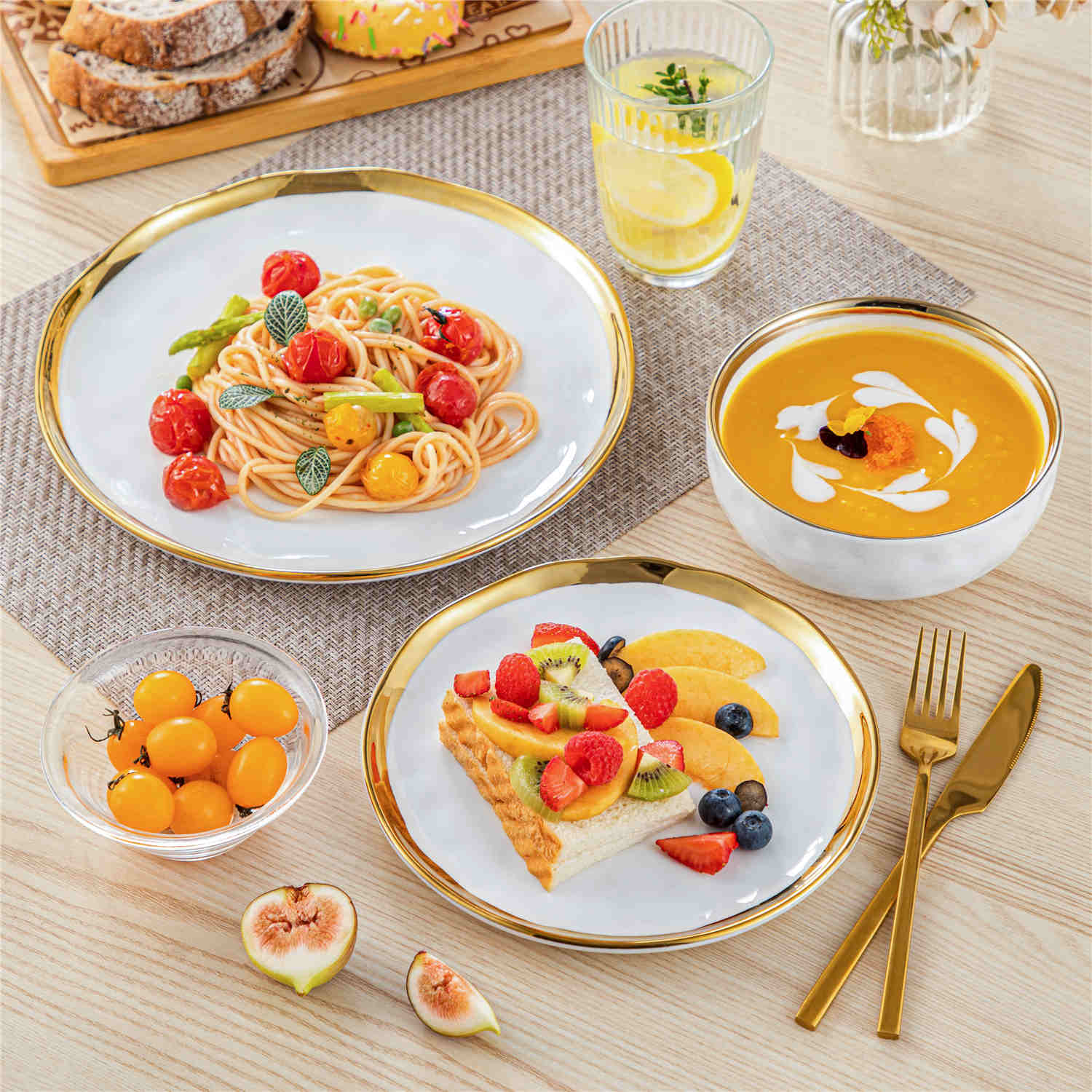 LOVECASA Gold Trim 12 Piece Dinnerware Set in White - Includes Plates And Bowls - Stackable And Dishwasher Safe