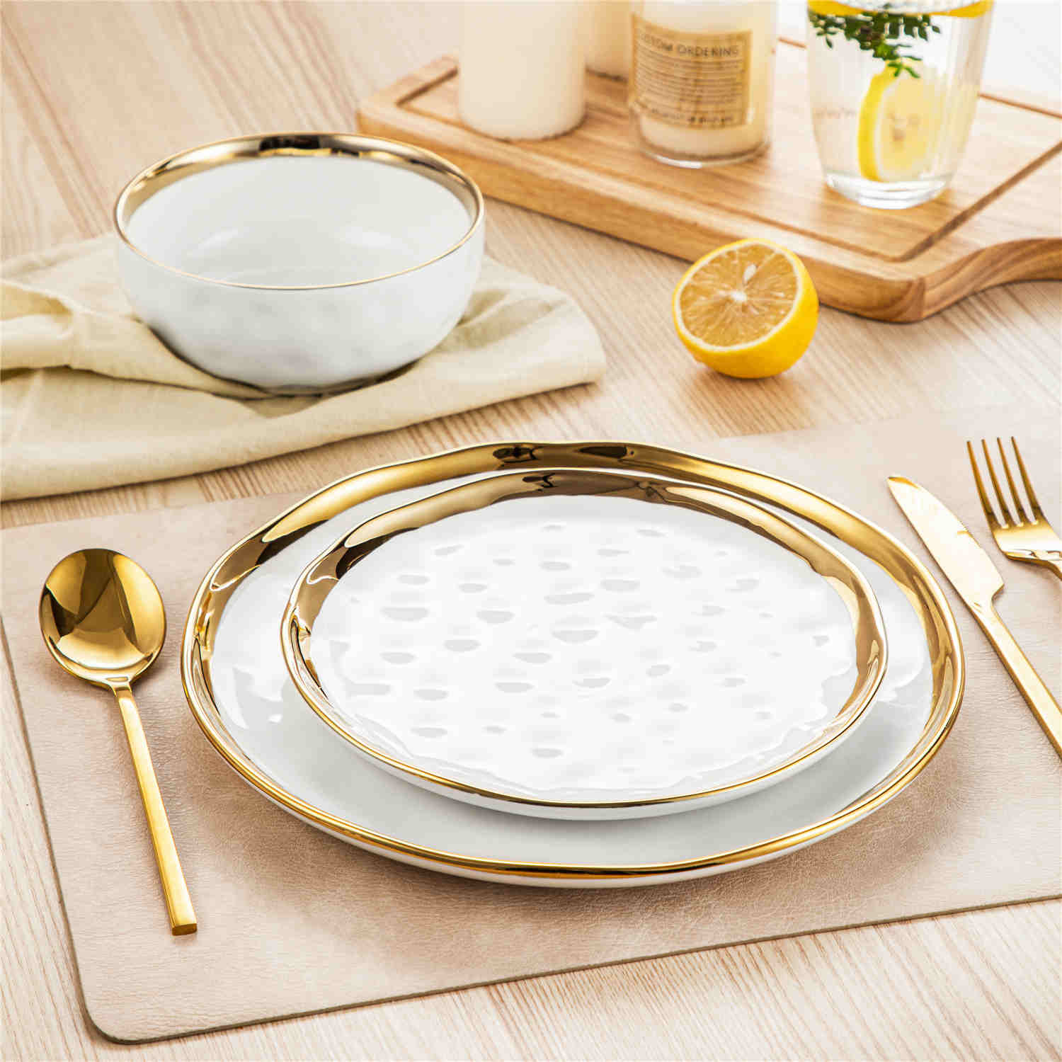 LOVECASA Gold Trim 12 Piece Dinnerware Set in White - Includes Plates And Bowls - Stackable And Dishwasher Safe