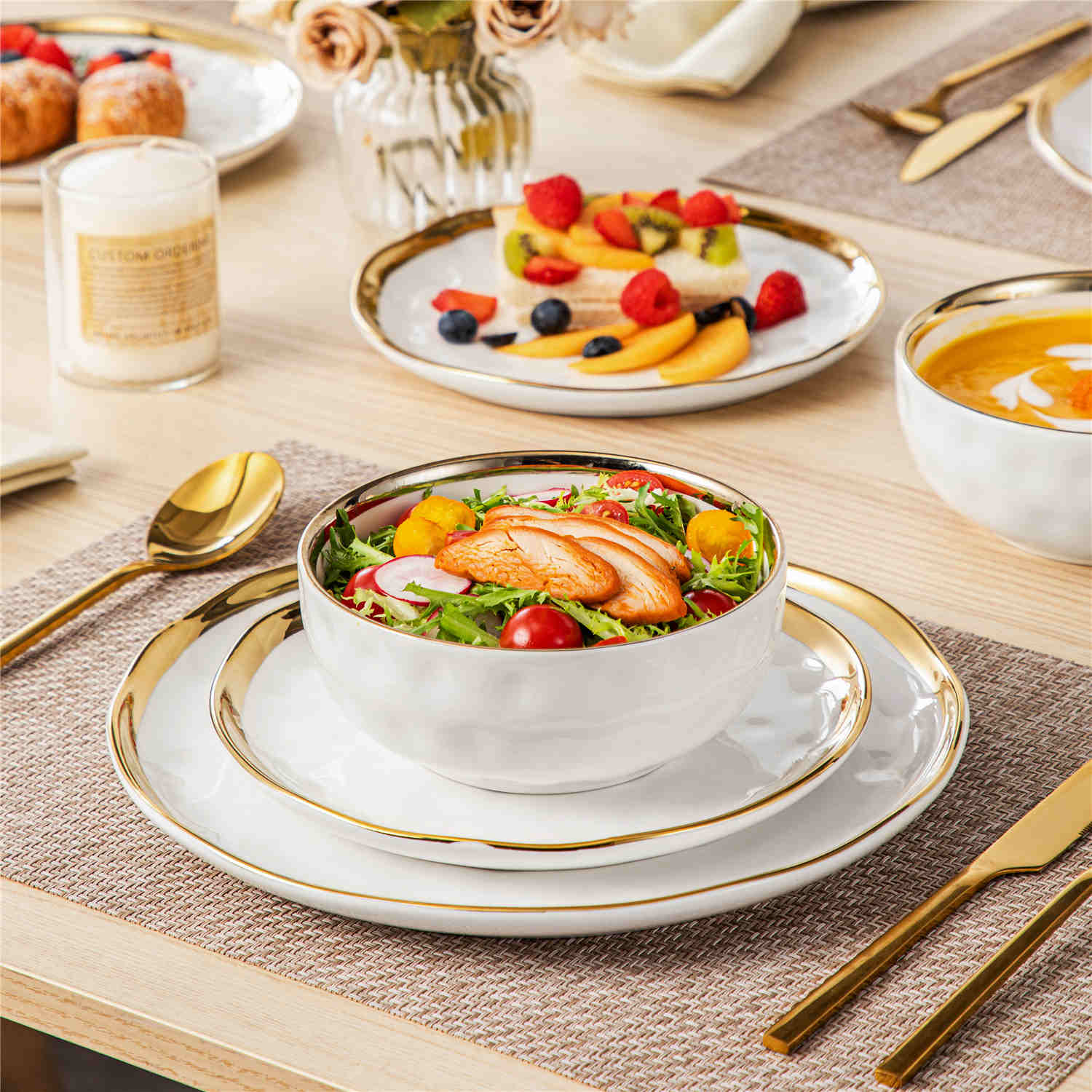 LOVECASA Gold Trim 12 Piece Dinnerware Set in White - Includes Plates And Bowls - Stackable And Dishwasher Safe