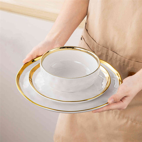 LOVECASA Gold Trim 12 Piece Dinnerware Set in White - Includes Plates And Bowls - Stackable And Dishwasher Safe