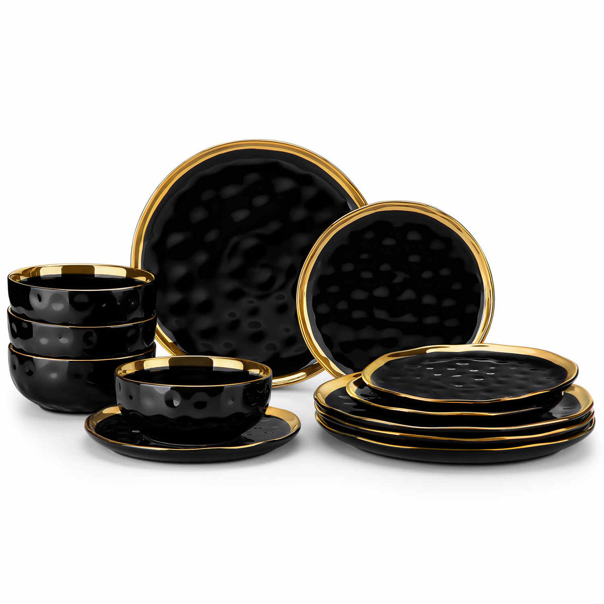 LOVECASA Gold Trim 12 Piece Dinnerware Set in Black - Includes Plates And Bowls - Stackable And Dishwasher Safe