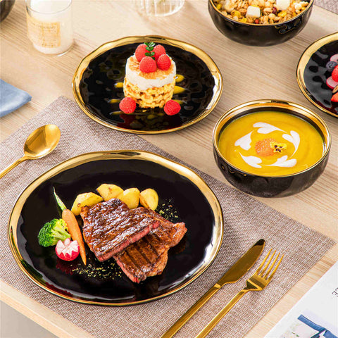 LOVECASA Gold Trim 12 Piece Dinnerware Set in Black - Includes Plates And Bowls - Stackable And Dishwasher Safe