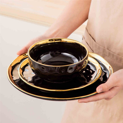 LOVECASA Gold Trim 12 Piece Dinnerware Set in Black - Includes Plates And Bowls - Stackable And Dishwasher Safe