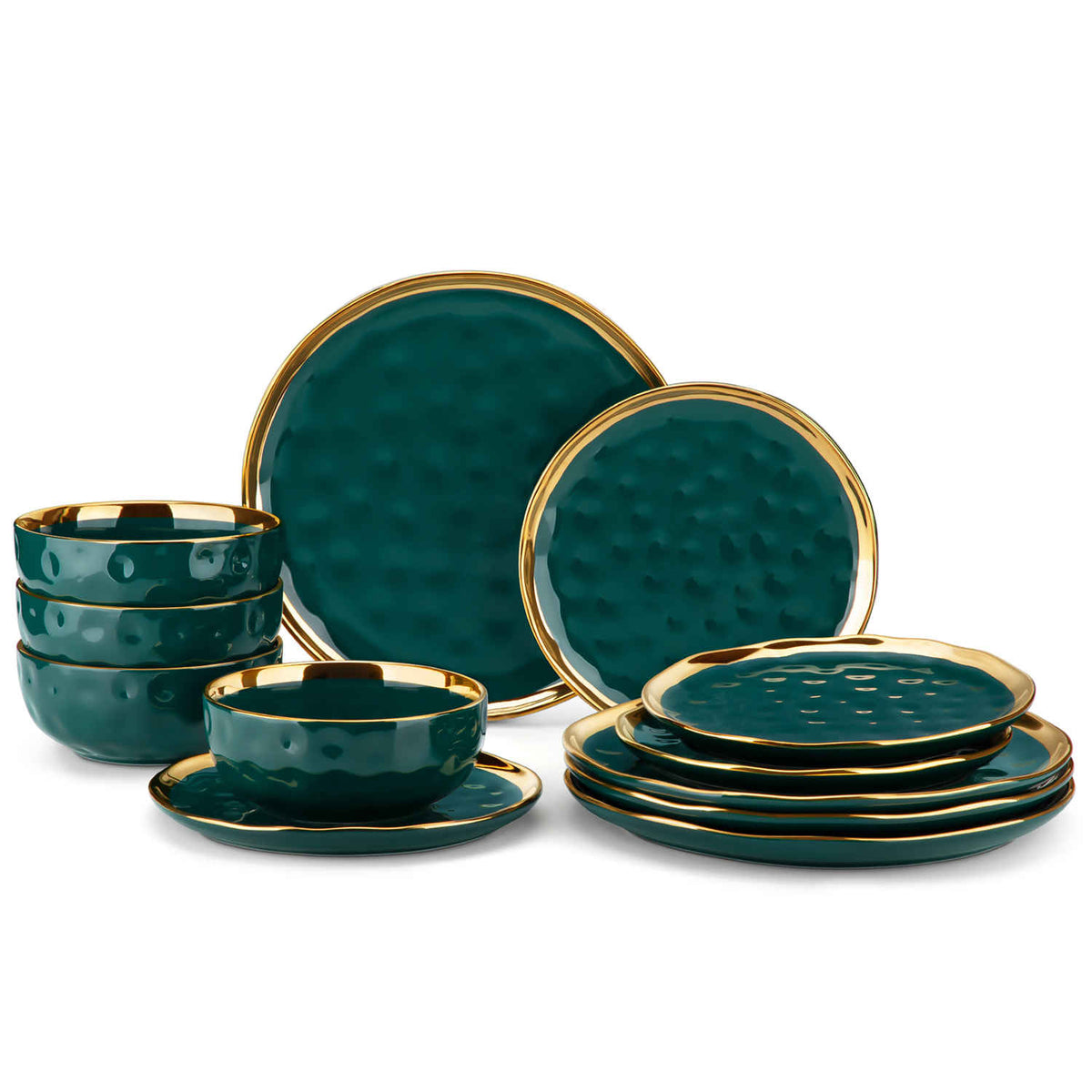 LOVECASA Gold Trim 12 Piece Dinnerware Set in Green - Includes Plates And Bowls - Stackable And Dishwasher Safe