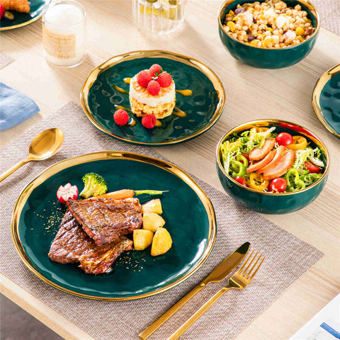 LOVECASA Gold Trim 12 Piece Dinnerware Set in Green - Includes Plates And Bowls - Stackable And Dishwasher Safe