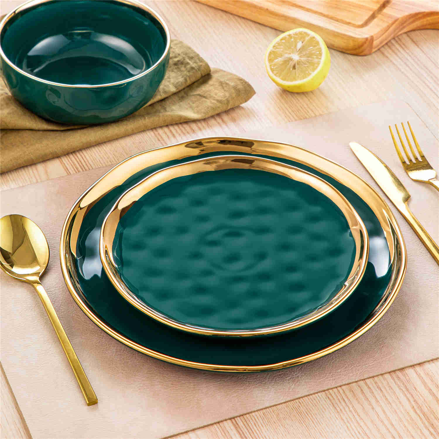 LOVECASA Gold Trim 12 Piece Dinnerware Set in Green - Includes Plates And Bowls - Stackable And Dishwasher Safe