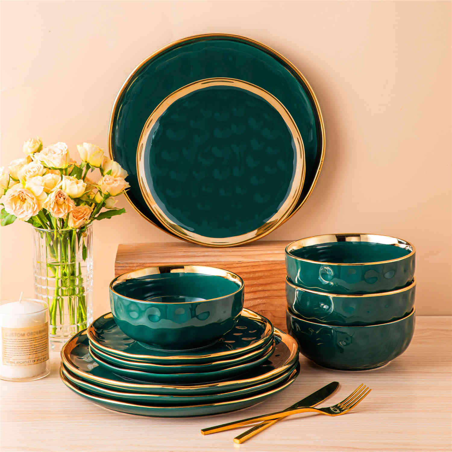 LOVECASA Gold Trim 12 Piece Dinnerware Set in Green - Includes Plates And Bowls - Stackable And Dishwasher Safe