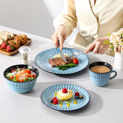 vancasso Nile 16-Piece Dinnerware Set With Embossed Geometric Patterns And A Reactive Glaze, Blending Artisanal Charm With Modern Farmhouse Style.