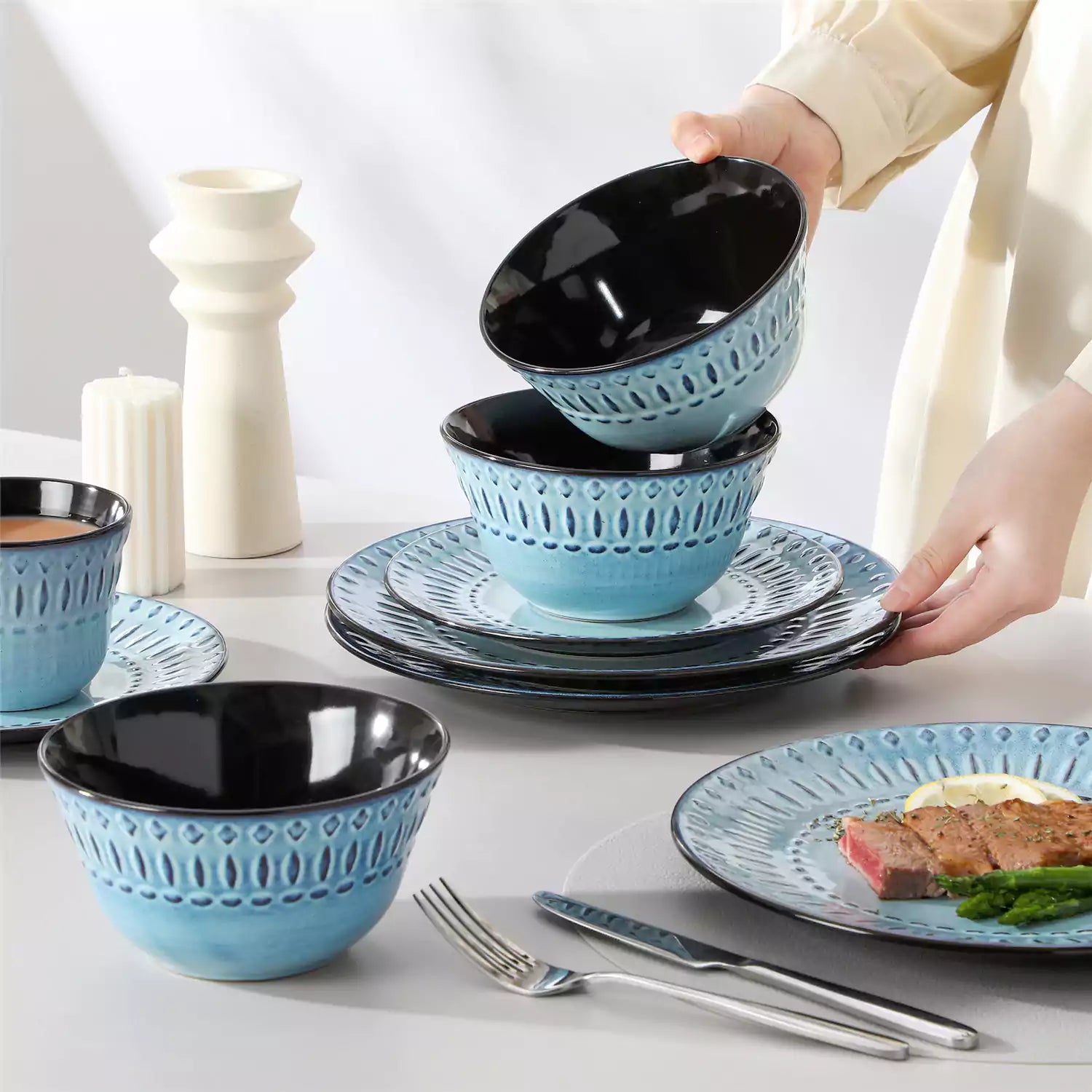 vancasso Nile 16-Piece Dinnerware Set With Embossed Geometric Patterns And A Reactive Glaze, Blending Artisanal Charm With Modern Farmhouse Style.