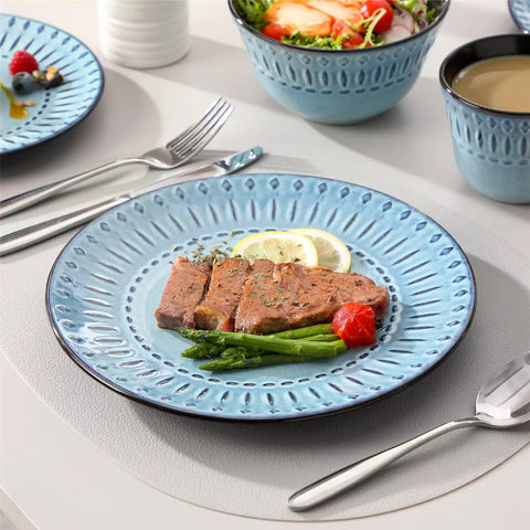 vancasso Nile 16-Piece Dinnerware Set With Embossed Geometric Patterns And A Reactive Glaze, Blending Artisanal Charm With Modern Farmhouse Style.