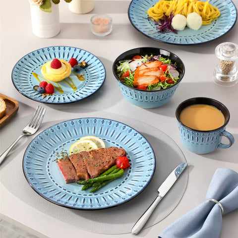 vancasso Nile 16-Piece Dinnerware Set With Embossed Geometric Patterns And A Reactive Glaze, Blending Artisanal Charm With Modern Farmhouse Style.