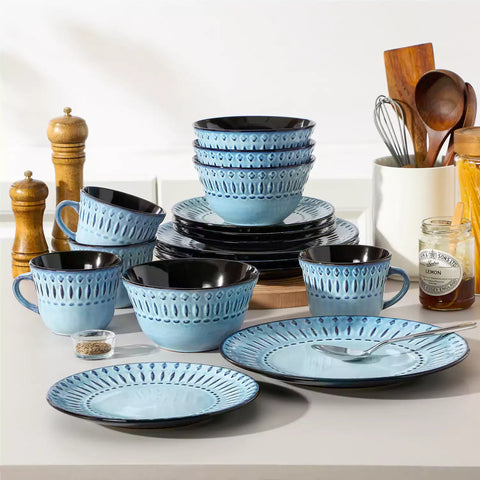 vancasso Nile 16-Piece Dinnerware Set With Embossed Geometric Patterns And A Reactive Glaze, Blending Artisanal Charm With Modern Farmhouse Style.