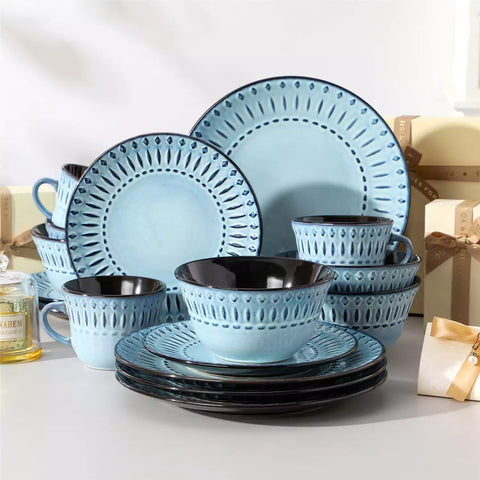 vancasso Nile 16-Piece Dinnerware Set With Embossed Geometric Patterns And A Reactive Glaze, Blending Artisanal Charm With Modern Farmhouse Style.