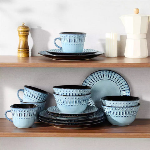 vancasso Nile 16-Piece Dinnerware Set With Embossed Geometric Patterns And A Reactive Glaze, Blending Artisanal Charm With Modern Farmhouse Style.